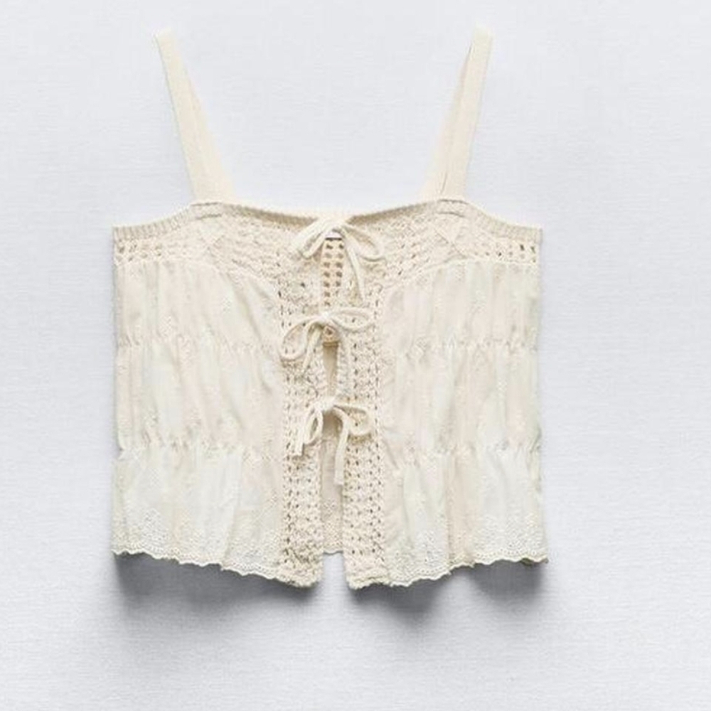 Zara Mixed Knit Top With Ties Sz M NWOT - Picture 4 of 10